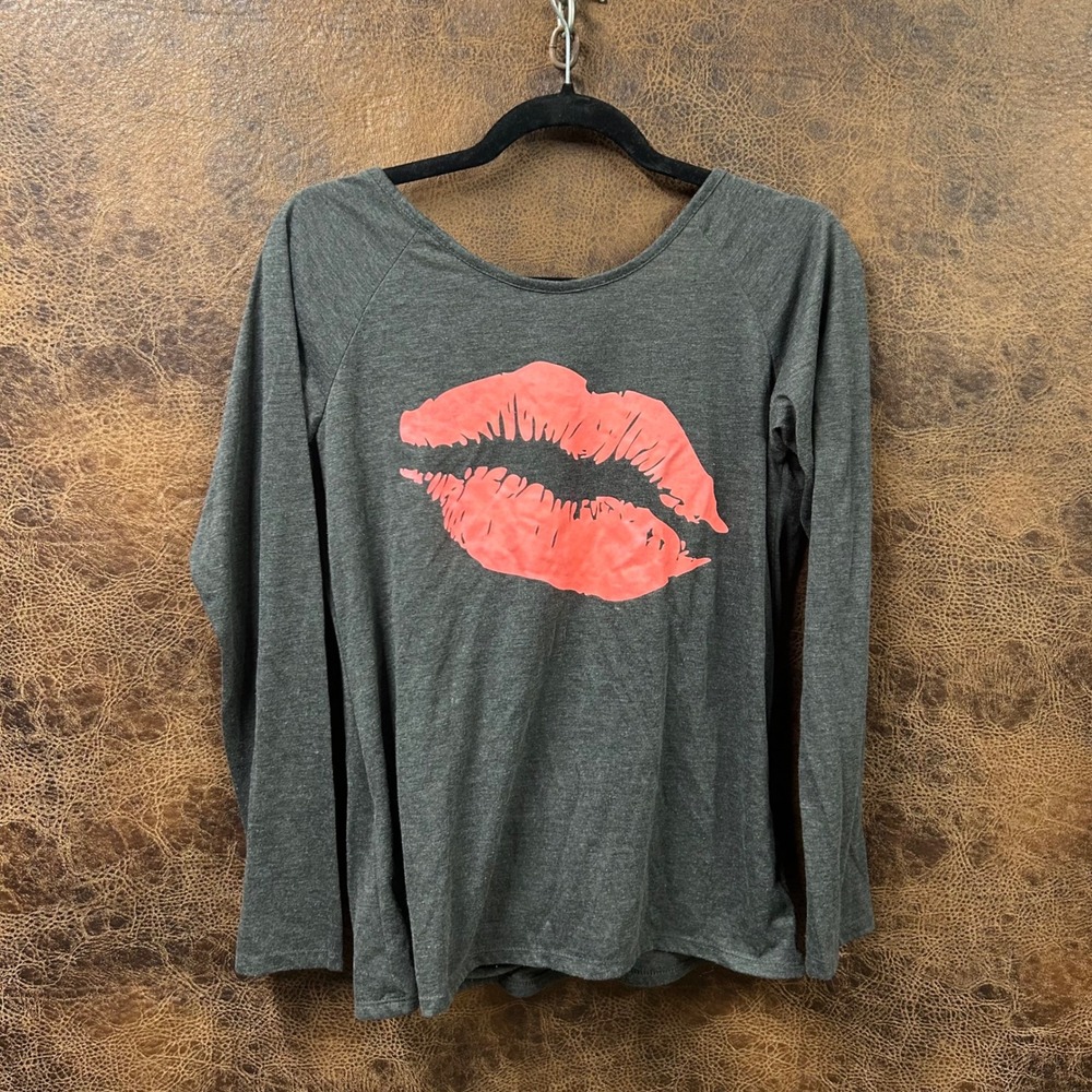 Material Girl L Madonna Y2K 80s Grey Long Sleeve Kiss Lips Bright Pink-Orange